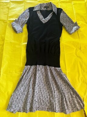 bebe Black V-Neck Sweater Dress with Black & White Pattern